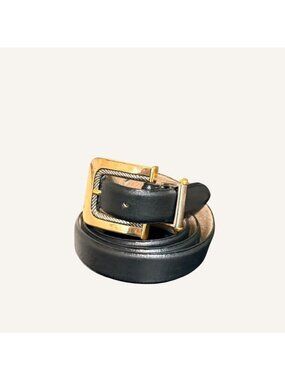 Vintage Millennium Genuine Leather 38" Belt Black Silver Gold Cable Twist